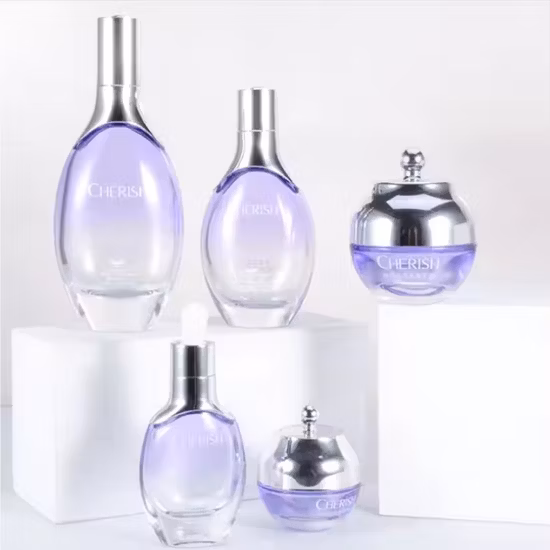 高級 100 ミリリットル紫色のガラス化粧品ボトルと瓶セット スキンケア カスタム包装販売